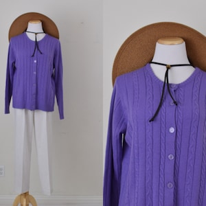 Vintage 80s Acrylic Purple Cable Knit Cardigan