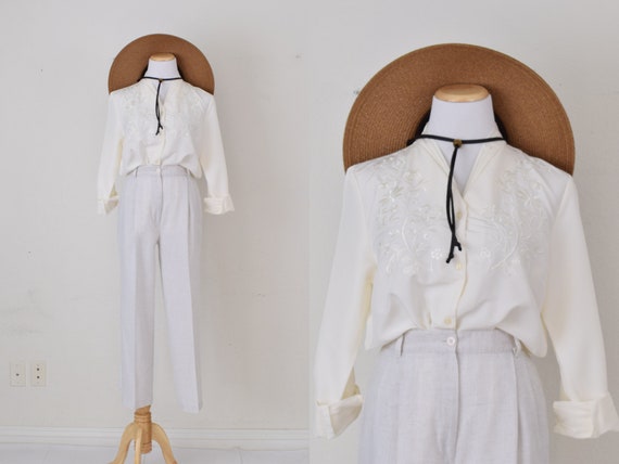 Vintage 90s Embroidered Button Blouse - image 1