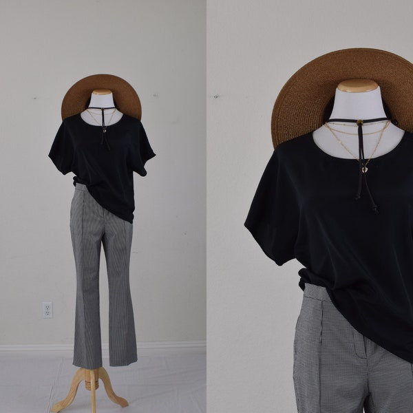 Vintage 80s Black Classic Polyester Boxy Blouse | size M