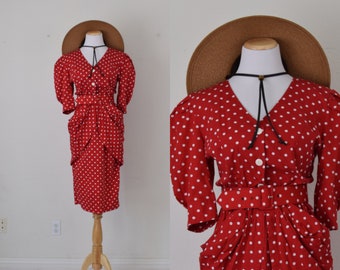 Vintage 80s Red Polka Dot Cotton Dress by Choon | size 8