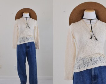 Vintage Beige Nylon Lace Top | blouse size L