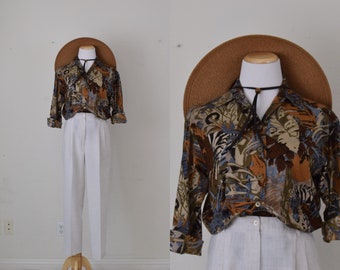 Vintage 70s Jaeger Animal Print Cotton/Baumwolle Long Sleeve Blouse