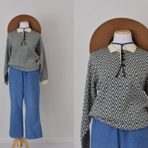 Vintage 80s Geometric Gray/Beige Pullover Acrylic/Nylon Sweater size Large