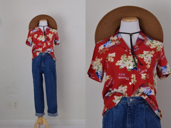 Vintage Floral 90s Button Down Floral Rayon Blous… - image 1