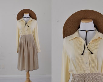 Vintage Cream Silk Long Sleeve Pleated Blouse | 80's blouse size 10