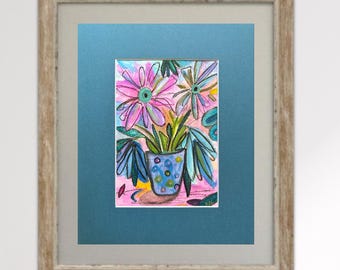 Original Watercolor Floral Painting: Funky Pink and Blue Abstract Art