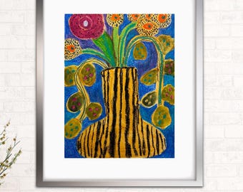 Abstracted Art of Funky Vase and Flowers. Colorful Boho Wall Art