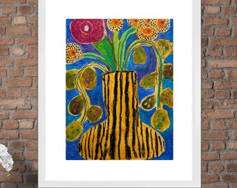 Modern Abstract Floral Painting | Colorful Vase Art | Expressive Acrylic & Oil Pastel Wall Decor (Print)