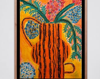 Abstracted Art of Funky Vase and Flowers. Colorful Contemporary Wall Art