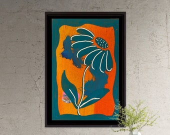 Teal and Orange Flower Art Print: Midcentury Modern Boho Wall Decor