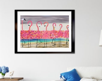 Pink Wall Art of Dancing Flamingos wearing fluffy skirts: Paper prints in 8 sizes.