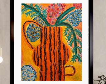 Wonky Abstract Vase with Flowers Painting | Colorful Acrylic Oil Pastel Artwork | Quirky Modern Wall Decor