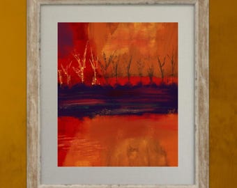 Red Orange Abstract Landscape Art Print, Fiery Original Wall Art, 20 x 24 inches