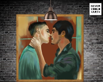 Gay Kiss Art Print: Sensual Queer Men, Erotic Home Decor