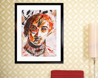 60s British Mod Art Print: Funky Orange Postmodern Portrait