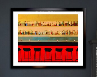 Modern Bar Scene Art Print: Vibrant Liquor Bottles & Red Barstools