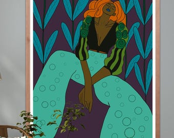 Funky Black Woman Art Print, Colorful Queer Decor