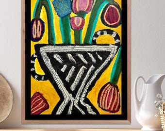 Abstracted Art of Funky Vase and Flowers. Colorful Boho Wall Art