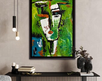 Neoexpressionist Artwork: Basquiat-Inspired Urban Face, Green Abstract Print