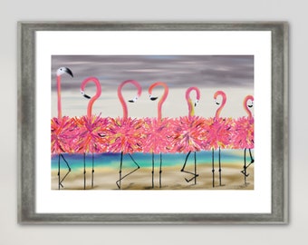 Pink Wall Art of Dancing Flamingos wearing fluffy skirts: Paper prints in 8 sizes.
