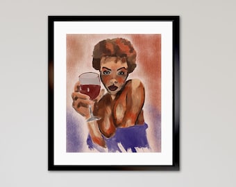 Black Woman Wine Art Print, Erotic Feminism, Bedroom Wall Decor