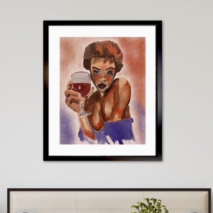 Portrait of a Naked Black Woman holding a glass of wine, using warm tones of browns & purples. Available on paper and canvas. 2 size options