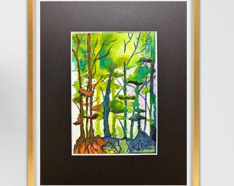 Abstract Watercolor Forest Painting: Funky Tree Art, Matted 5x7"