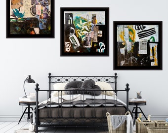 Abstract Collage Art Prints: Set of 3 Funky Mixed Media Wall Decor