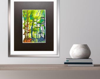 Abstract Watercolor Forest Painting: Funky Tree Art, Matted 5x7"