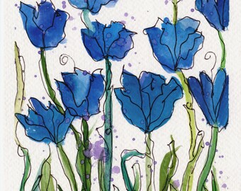 Original Watercolor Floral Painting: Funky Blue Flowers, 5x7 Matted Art