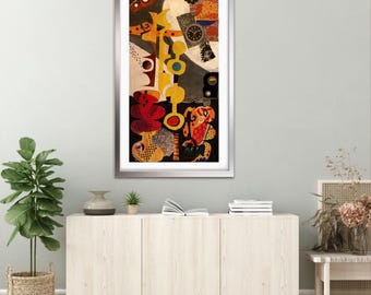 Black, Red, & White Abstract Collage Mixed Media Art, paper prints, 10" x 20"