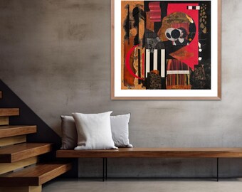 Bold Red Abstract Art Print: Mixed Media Collage