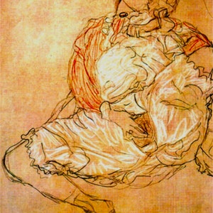 May include: A black and white line drawing of a woman lying down with her arms crossed over her chest. The woman is wearing a white dress with a ruffled collar and a red jacket. The drawing is on a light brown background.