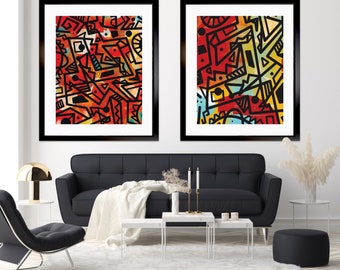 Keith Haring Style Art Prints: 1980s Graffiti Pop Art, Set of 2