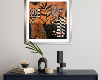 Funky Gold & Black Abstract Art Print: Mixed-Media Collage