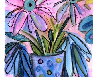Original Watercolor Floral Painting: Funky Pink and Blue Abstract Art