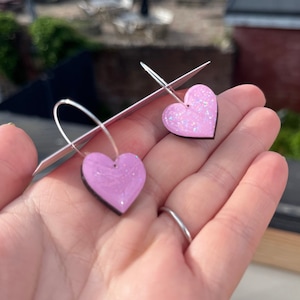 Pink Sparkle Heart Hoops || Pink glitter heart, Lightweight earrings, Wooden jewellery for woman, Gift for her