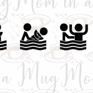 May include: Three black and white illustrations of people in water. The first illustration shows two people holding hands. The second illustration shows two people swimming. The third illustration shows two people holding hands with one person raising their arm in the air.
