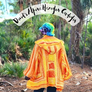May include: A person wearing a vibrant, handmade, orange and yellow crochet cardigan with a hood. The text "David's Alpine Hexagon Cardigan" arches above the person. The text "CROCHET PATTERN BY THE STITCH QUEEN CROCHET" is at the bottom.