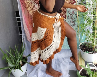 Hippie Ruffle Skirt Multicolored and One of A Kind Crochet Skirt with Slit and Ruffles Bohemian Clothing Crochet Boho Moana Skirt