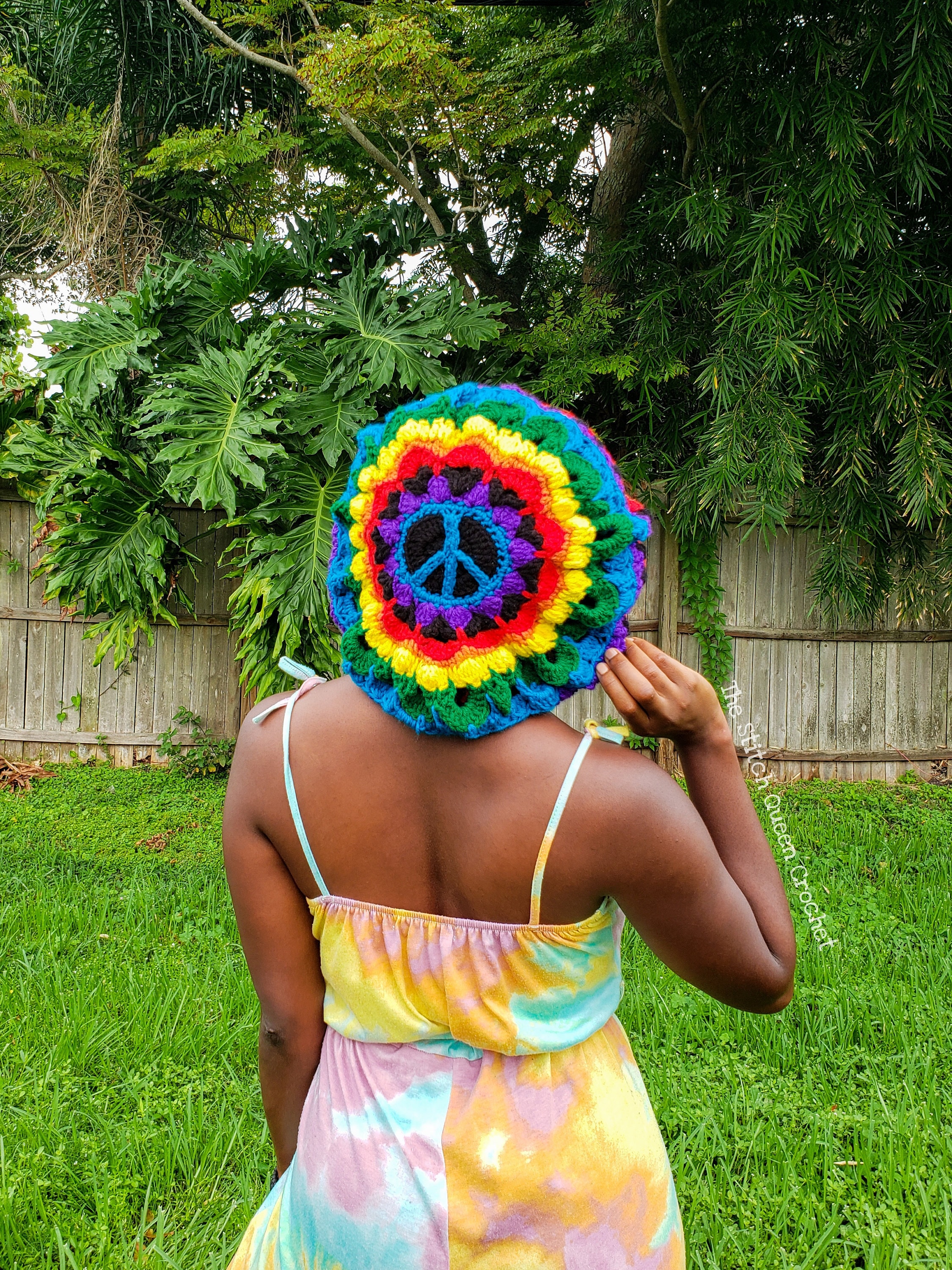 Rainbow Rasta Crochet Dreadlock Beret Slouchy Tam Hat - Hippie Peace Sign Hat, Dread lock Rastafarian Hat