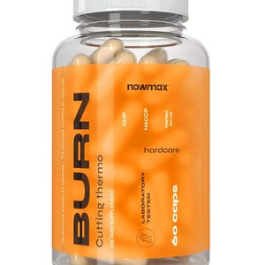 Peut inclure: Une bouteille en plastique transparent avec un bouchon blanc, remplie de gélules beiges. La bouteille porte une étiquette orange avec le mot "BURN" en grosses lettres. Le texte supplémentaire comprend "Cutting thermo" et "60 caps".