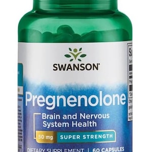 Può includere: Una bottiglia di plastica verde di capsule di integratore alimentare Swanson Pregnenolone. L'etichetta riporta "Brain and Nervous System Health" e "50 mg Super Strength". La bottiglia contiene 60 capsule.