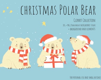 Christmas polar bear clipart INSTANT DOWNLOAD, Cute bear - Instant Download - Christmas clipart - Hand-drawn illustration
