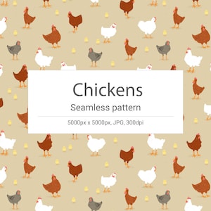 Può includere: Uno schema senza cuciture che presenta una varietà di polli in diversi colori e pose, tra cui polli marroni, bianchi, grigi e neri. Lo sfondo è di colore beige chiaro. Il testo "Chickens Seamless pattern 5000px x 5000px, JPG, 300dpi" è visualizzato al centro dell'immagine.