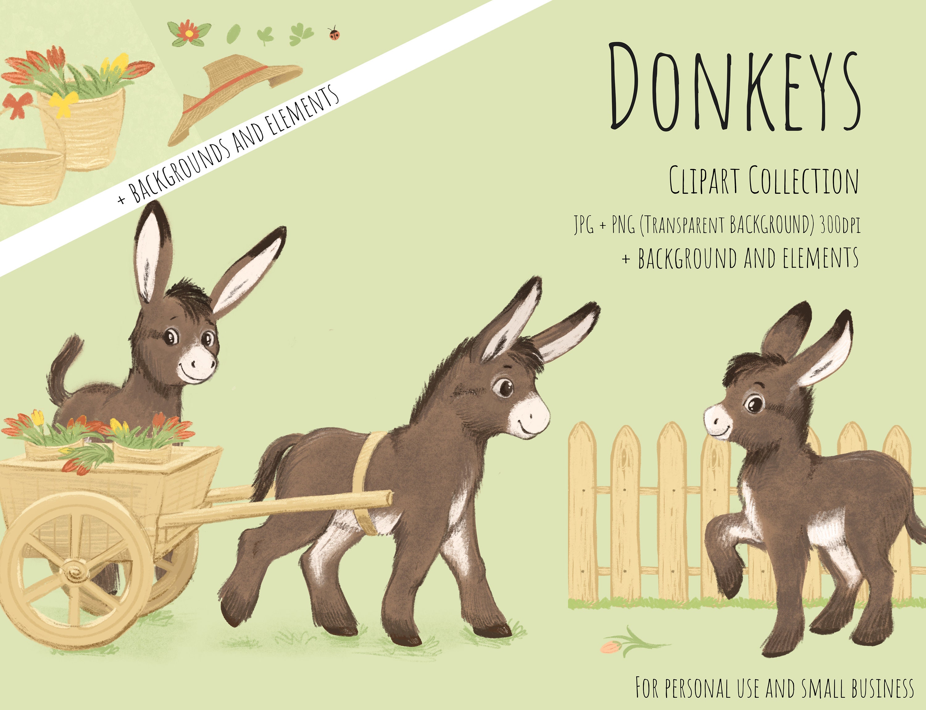 Donkeys Clipart INSTANT DOWNLOAD, Cute Donkey - Farm - Spring - Hand ...