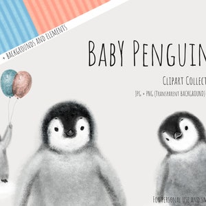 Imágenes prediseñadas de pingüinos bebés DESCARGA INSTANTÁNEA, Pingüino lindo - Descarga instantánea - Guardería de pingüinos - Clipart de pingüino - Ilustración dibujada a mano