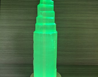 Selenite tower with multicolored Del light