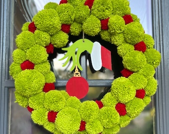20" Grinch/Christmas/Holiday Wreath - Handmade Pompoms