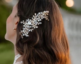 Pearl Crystal Bridal Hair Comb Gold, Wedding Hair Comb, Gold Bridal Headpiece, Bridal Jewelry Set, Pearl Bridal Hair Clip, Crystal Earrings